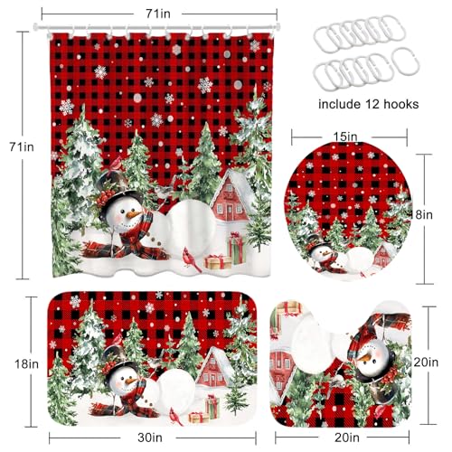 Christmas Shower Curtain Set with Snowman Pine Tree Bath Rugs & Toilet Lid Cover - Red 71" W x 71" L