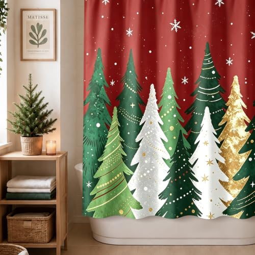 Red Christmas Shower Curtain with Pine Trees and Snowflakes - 72x72 Inches