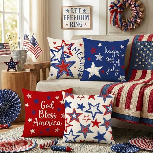 Honamonoy Patriotic Star Throw Pillow Covers 18x18 Inch Set of 4 - 4th of July & Independence Decor