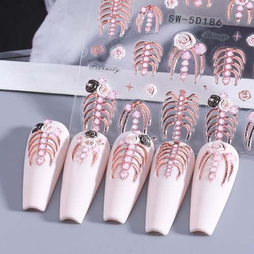 Qdsuh 5D Embossed Skull Halloween Nail Art Stickers Gold Rose Gold