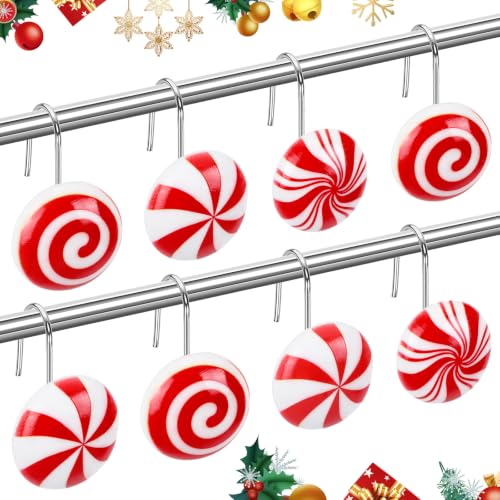Candy Shower Curtain Hooks - Christmas Peppermint Red White Set of 12
