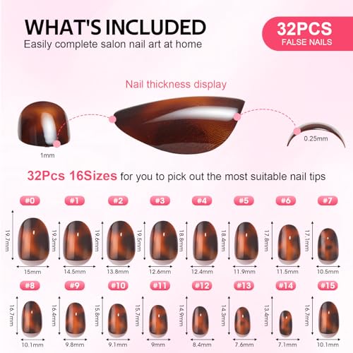 Findigit Short Press On Nails - 32 Pcs Natural Soft Gel Fake Nails Kit, Amber