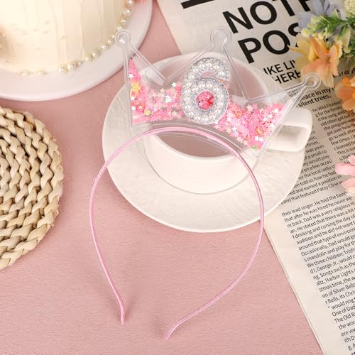 Penitue Pink Glitter Birthday Crown Headband with Pearls for Girls Party