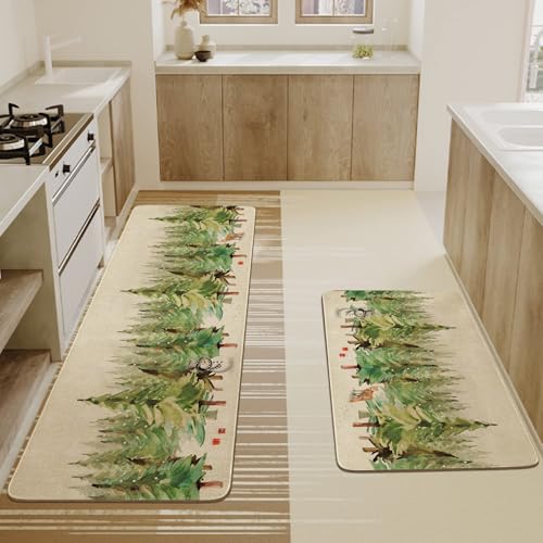 2025 Christmas Kitchen Rugs Set of 2 - Snowy Forest Deer Fox Snowflake Decor