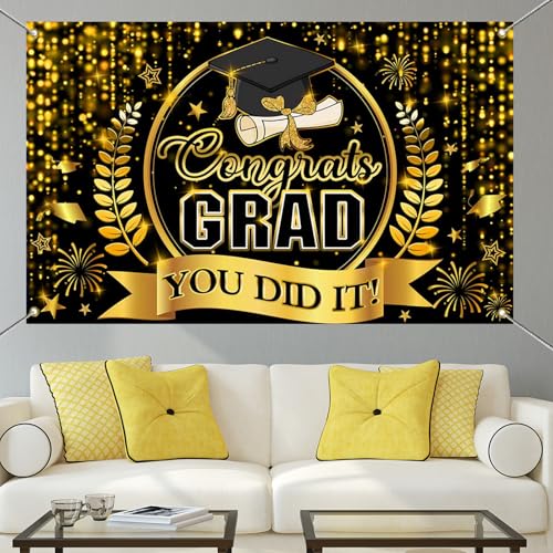 Congrats Grad Banner - Class of 2026 Black & Gold Backdrop