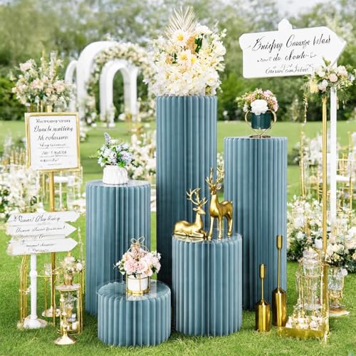 Blue Foldable Cylinder Pedestal Stands Set of 5 for Events & Decor
