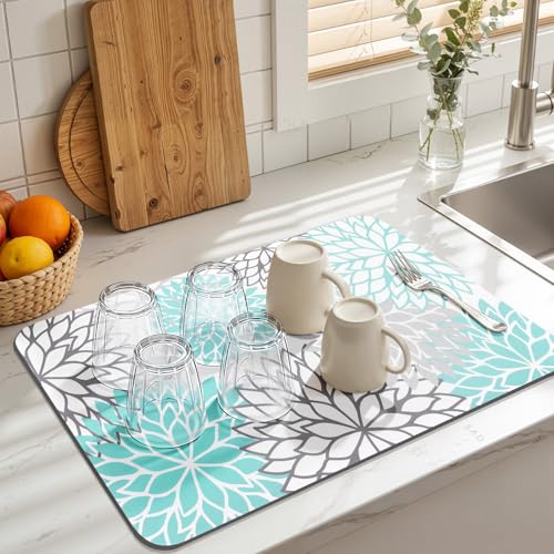 Findosom Dish Drying Mat and Sink Splash Guard Set - 12" x 20", Teal Floral