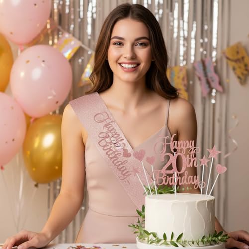 Happy 20th Birthday Cake Topper Set with Rose Gold Decorations