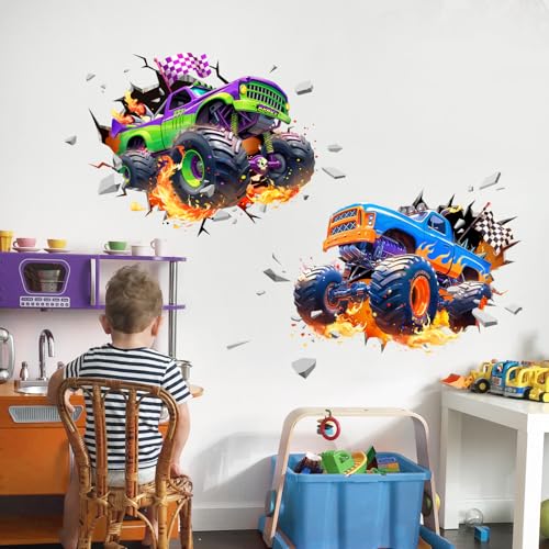 Racing Car Wall Decal - 3D Truck Breakthrough Art for Kids