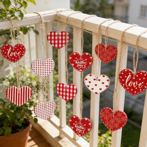 16Pcs Wooden Valentine Heart Ornaments Red White Plaid Hanging Decor