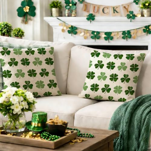 St. Patrick's Day Pillow Covers 18x18 Inch - Green Shamrock Set of 2