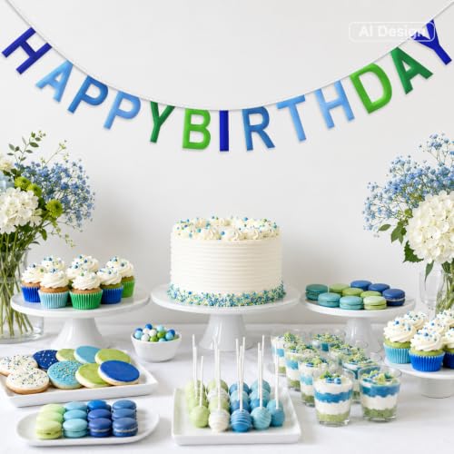 Happy Birthday Banner Pre-Strung Sign - Reusable Blue Green Decor