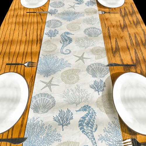 Coastal Beach Table Runner Nautical Sea Shell Starfish 13x72 Linen