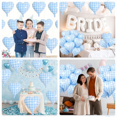 Blue Grid Heart Balloons - 10PCS Light Blue Foil for Parties