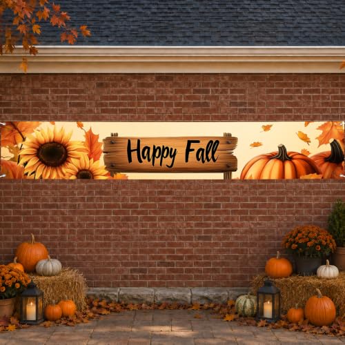 BlissYard Happy Fall Porch Banner 118x20 Sunflower Pumpkin Outdoor Decor
