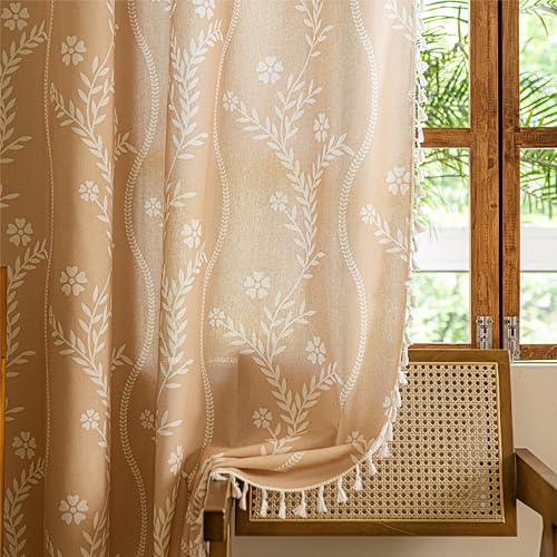 Boho Linen Curtains 52 x 63 Inches - Pack of 2 Beige Floral Farmhouse Window Drapes