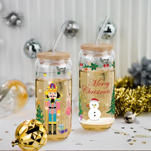Joeyan Christmas Glass Cups with Lids and Straws - Style 14, 20oz Nutcracker Tumbler Gift Set