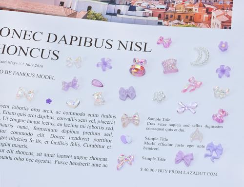 3D Nail Charms Resin Art Gems Multi Shapes Butterfly Flower Bow Purple 100Pcs