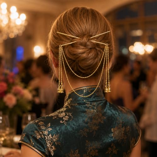 Vintage Gold Hair Pins with Tassel Chains Chinese Style Hair Stick