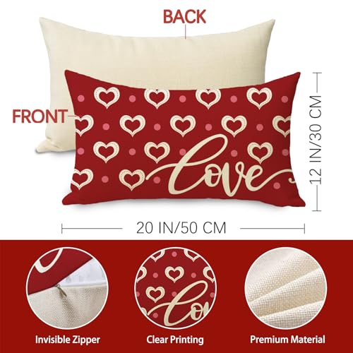 Valentine's Day Decorative Throw Pillow Cover 12x20 | Cotton Linen Love Heart Design