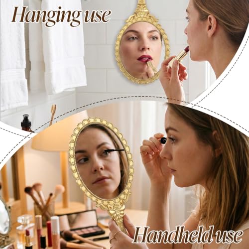 Vintage Hand Mirror with Handle - Retro Oval Embossed Golden Makeup Mirror