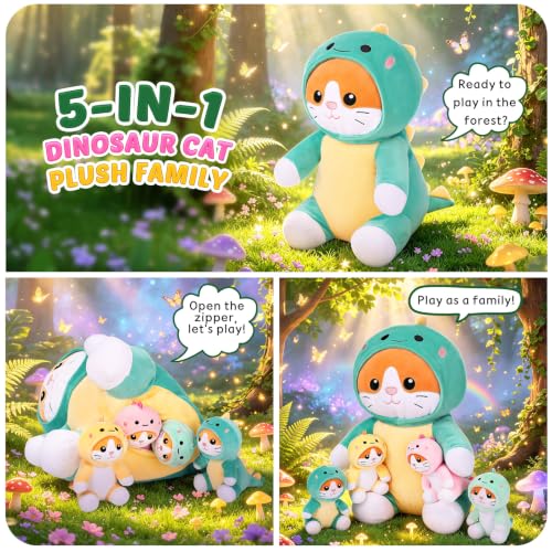 Dinosaur Cat Plush Family Set - Large Mommy & 4 Baby Kittens Kawaii Pillow - Kids & Adults Gift