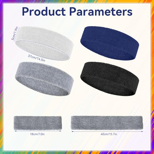 4 Pack Sweatbands for Men & Women ? Soft & Absorbent Cotton Terry Headbands for Sports, Gym, Running, Basketball, and Workouts