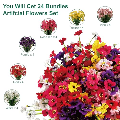 24 Pcs UV Resistant Faux Flowers - Realistic Outdoor Plants