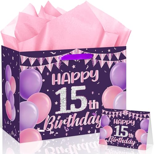 Happy 15th Birthday Gift Bag Set for Girls - Purple & Pink