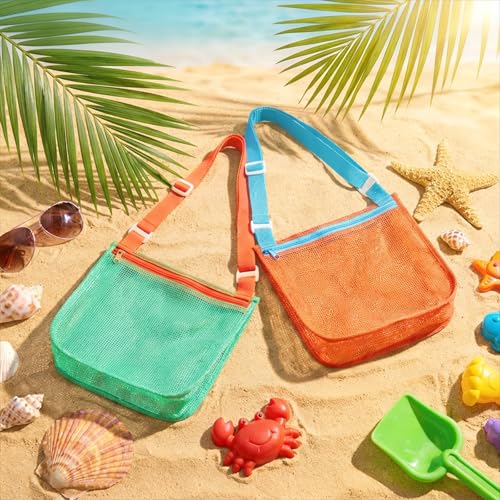 Amaxiu 2 Pcs Mesh Beach Bag for Shells - Orange & Green Adjustable Shell Bag