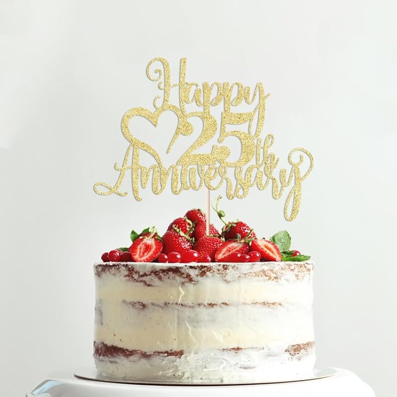 25th Anniversary Cake Topper - Glitter Golden Party Decor