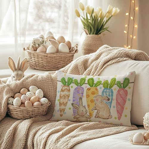 Easter Bunny Pillow Cover 12x20 Inch with Carrots & Polka Dots