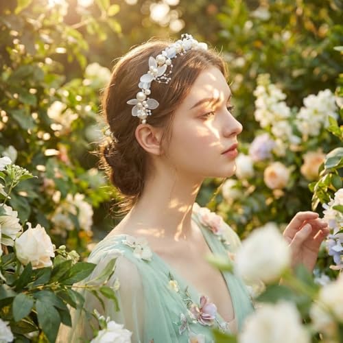 White Pearl Flower Headband for Women Wedding Bridal Hair Accessories