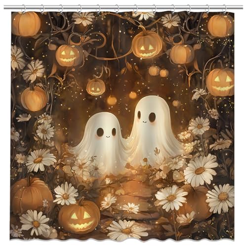 Cute Halloween Shower Curtain - Orange Pumpkin & Ghost - 72x72"
