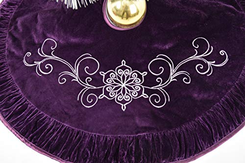 50 Inch Velvet Christmas Tree Skirt with Embroidered Flowers and Pleat Border - Purple