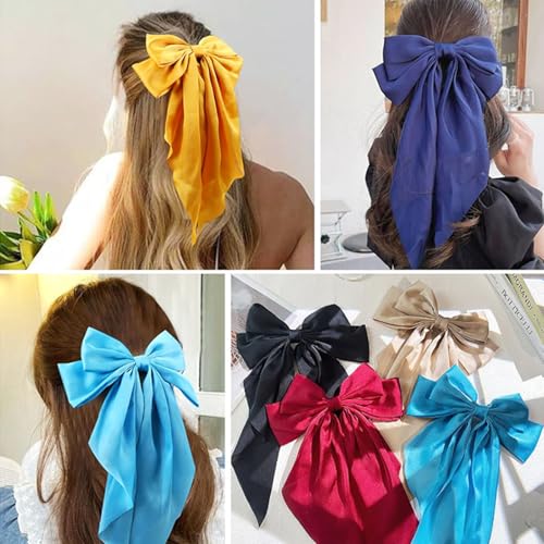 Tisbonsy Large Satin Hair Bows for Women, 3-Pack Royal Blue Oversized Long Tail Bow Barrettes and Ponytail Holders
