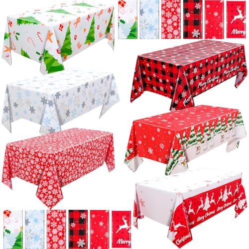 VAIPI 12 Pcs Christmas Plastic Tablecloths - Colorful Snowflakes, Tree & Snowman Designs, Rectangular Holiday Party Cover, Various