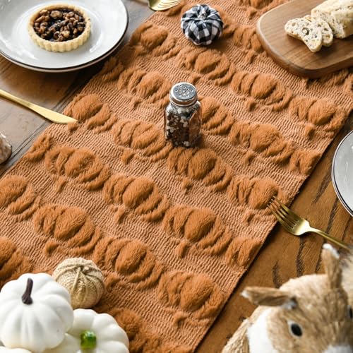 Caramel Faux Fur Pumpkin Fall Table Runner 13x48 Inch - Autumn Decor