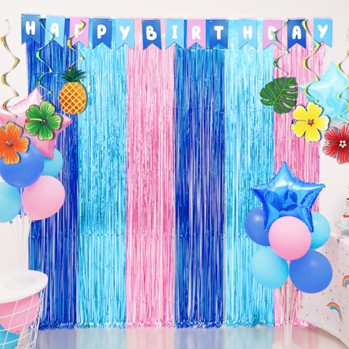 Cartoon Birthday Party Fringe Curtains - Blue & Pink Tinsel Backdrop, 2 Pack