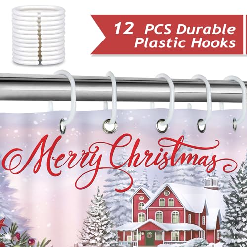 Bonhause Christmas Red Truck Shower Curtain, 72x72 Inch Holiday Bath Decor