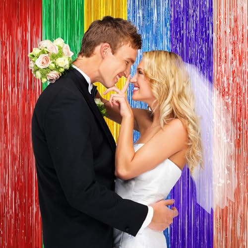 Rainbow Metallic Foil Fringe Curtain Backdrop - 2 Pack
