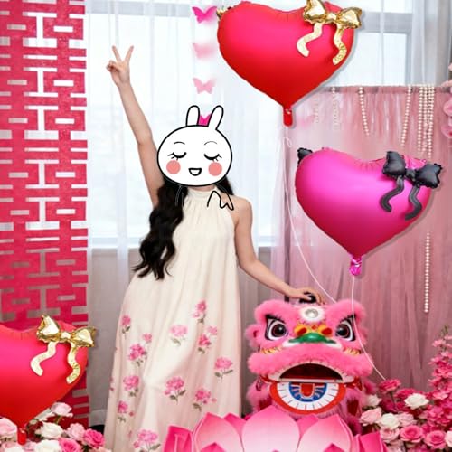 22 Inch Black and Red Heart Foil Balloons with Bow for Party Decor