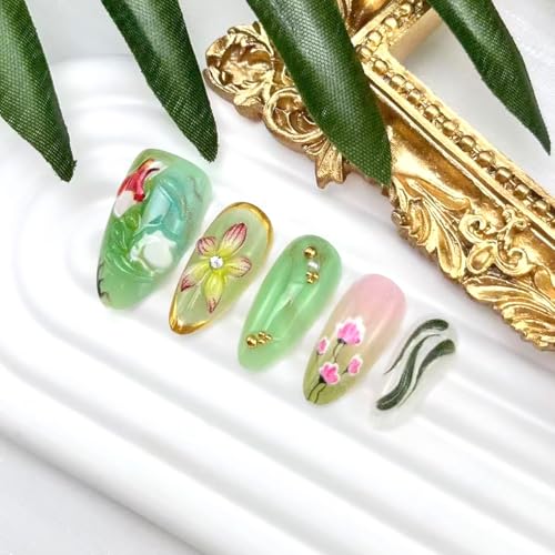Green Press on Nails Medium Almond 3D Koi Fish Flower Fake Nails