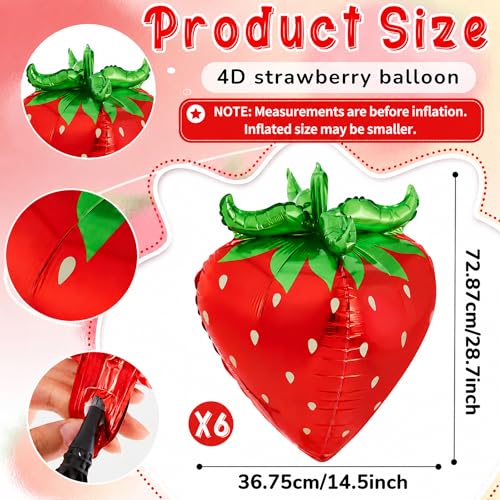 PullCrease 4D Strawberry Foil Balloons, 29-Inch Fruit Party Decor, 6 Pack