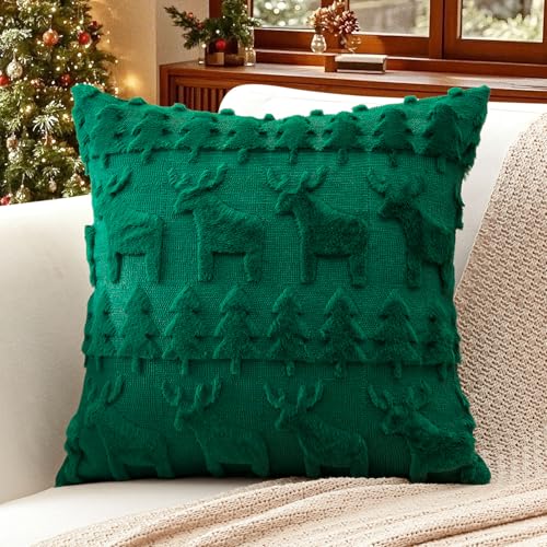 OTOSTAR Christmas Tree and Elk Throw Pillow Cover, Green 18x18 Inch