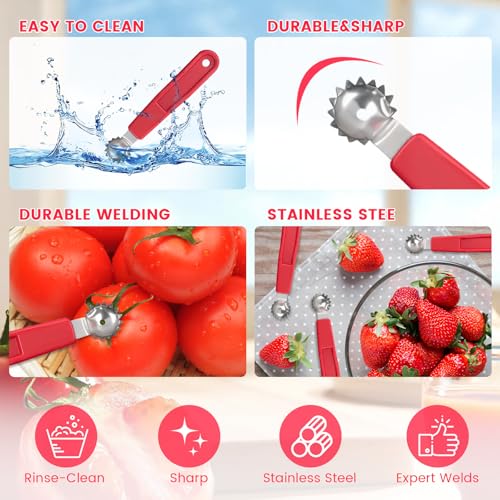 5-Piece Tomato and Strawberry Corer Tool, Red Stainless Steel Stem Remover