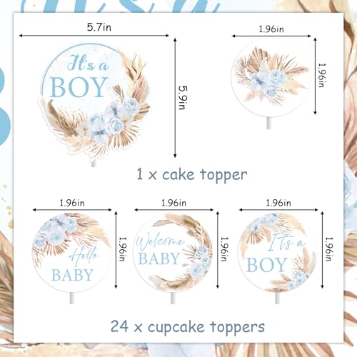 Blue Boho Baby Shower Cake Toppers Set - 25pcs Pampas Grass
