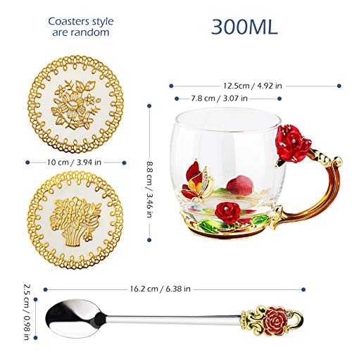 WD&CD Rose Butterfly Glass Tea Coffee Mug Set with Spoon & Coaster - Red Short