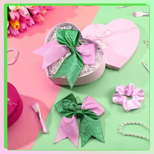 Landical 7 Inch Glitter Witch Hair Bows Pink and Green Ponytail Holder