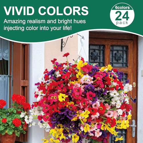 24 Pcs UV Resistant Faux Flowers - Realistic Outdoor Plants